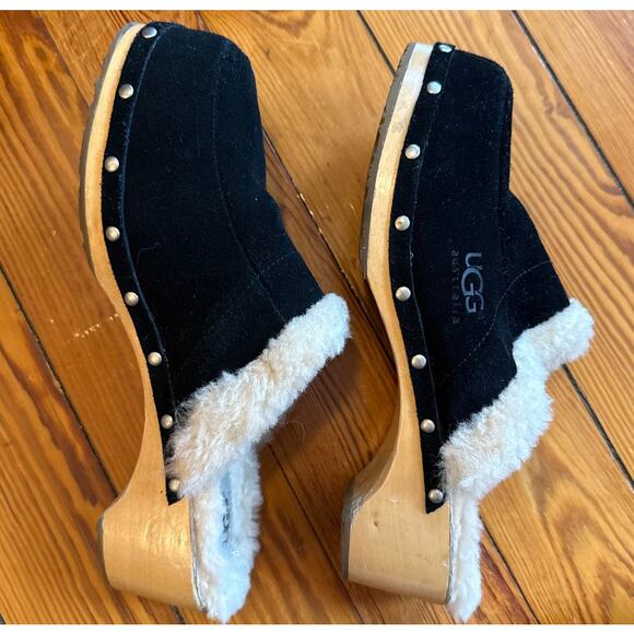 UGG Australia Black Shearling Lined Wooden Clog Mules, Sz 41 US 10 - Picture 2 of 8